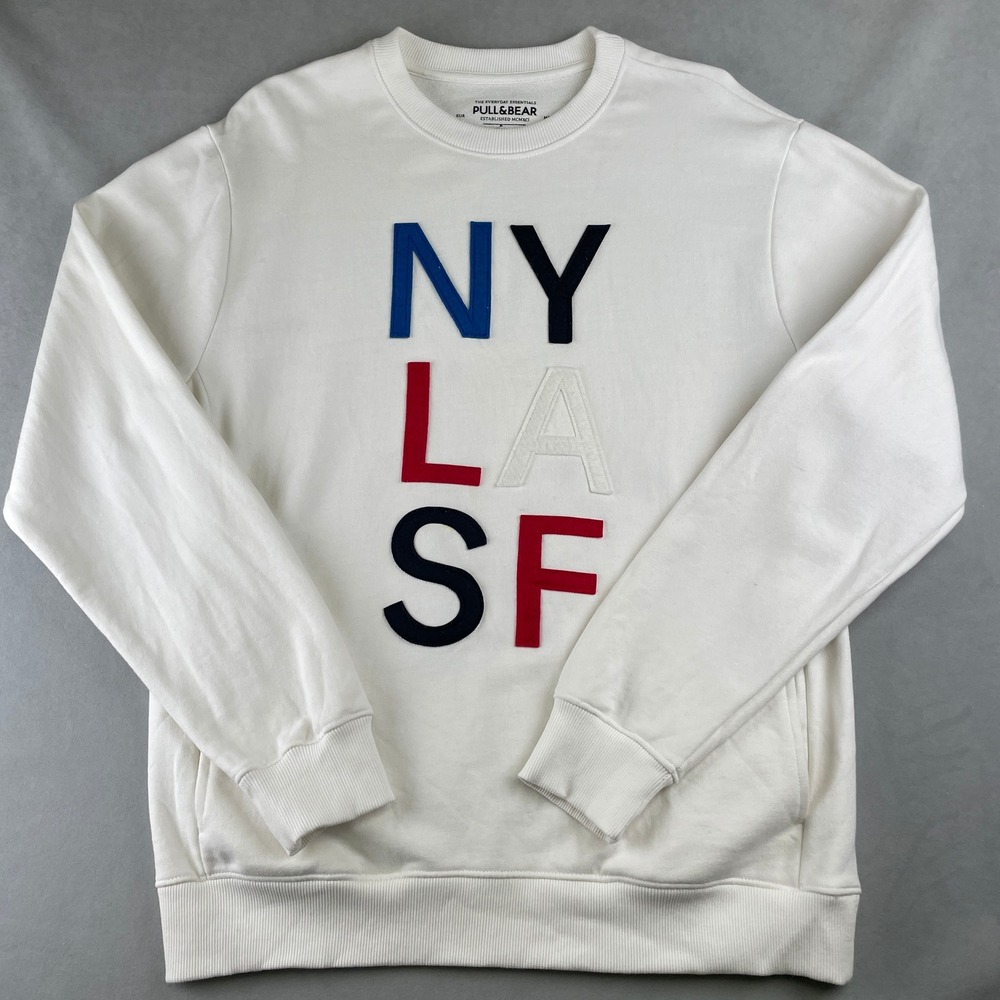 Pull&Bear Sweatshirt Mens EUR‎ L White Crewneck NY LA SF Felt Applique Graphic